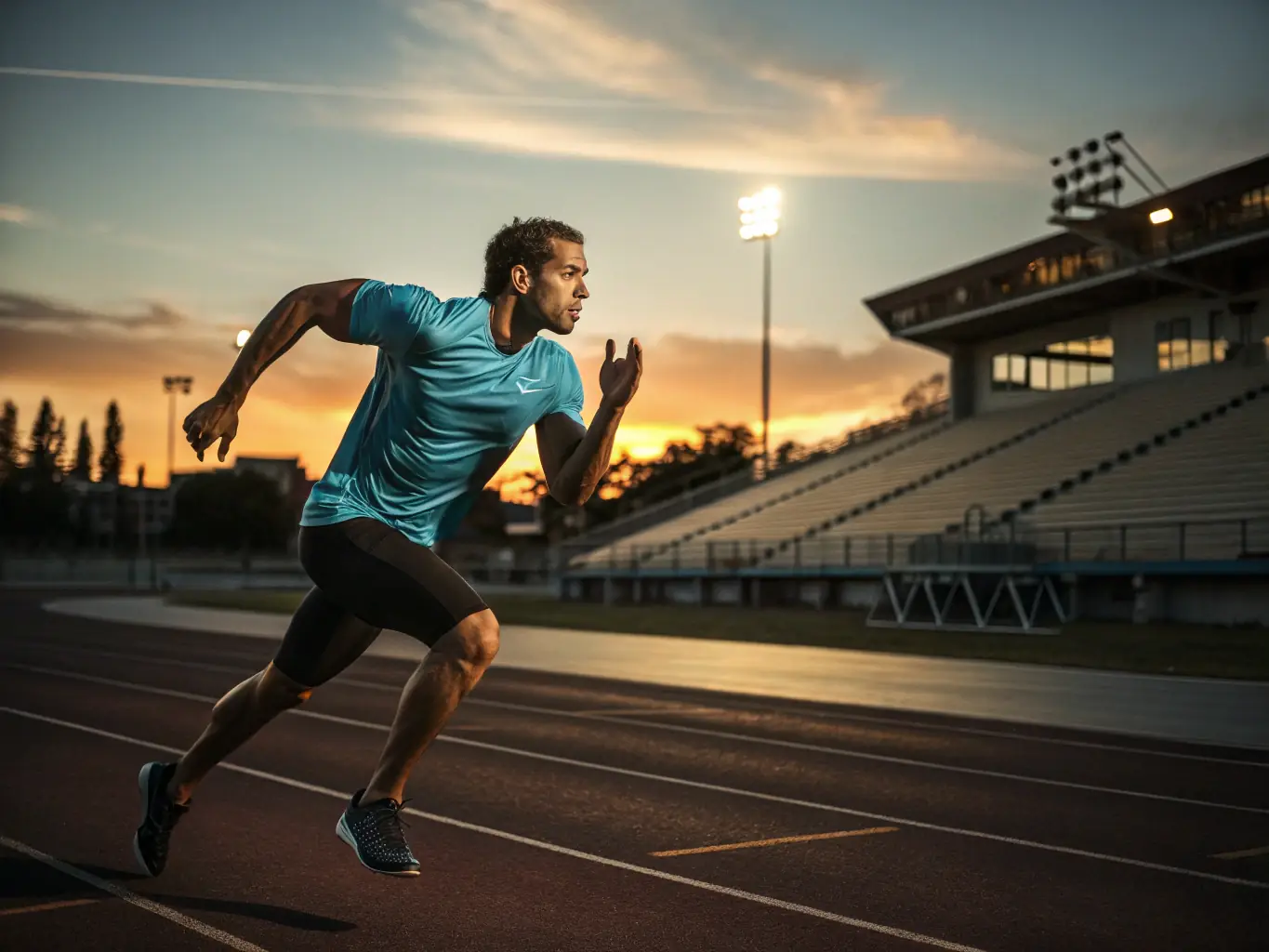 An action shot of a determined athlete sprinting on a track, with vibrant energy effects highlighting the Brutal Performance Pre-Workout's power.